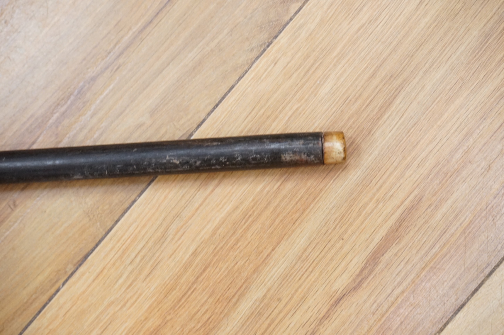 An ebony walking stick with bone inlay, the handle in the form of a dog's head, 88cm in length